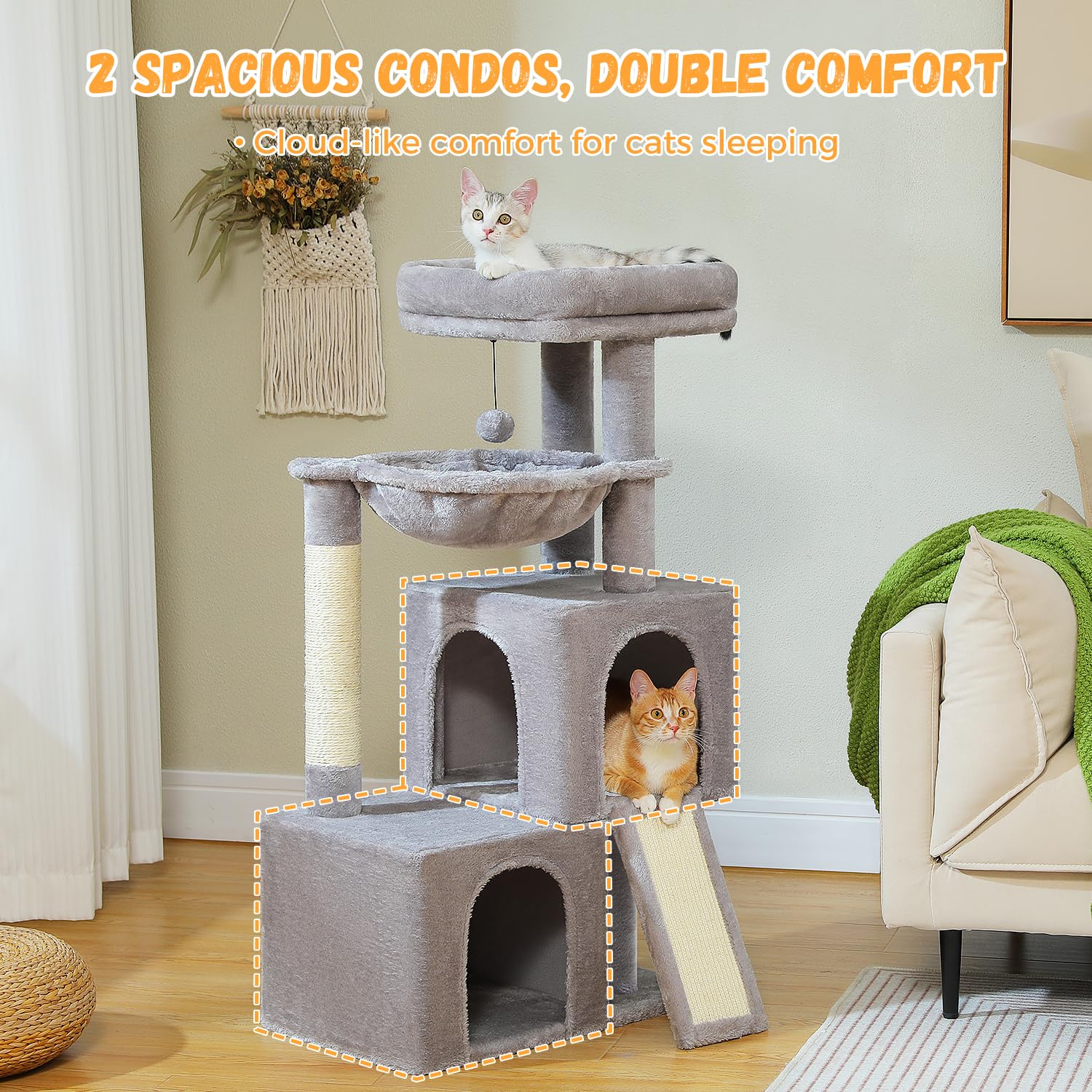 Pawz Road Large Cat Tree, 41 Inches Multi-Level Cat Tower With 2 Spacious Condos For Indoor Cats, Large Cat House With Comfy Ham